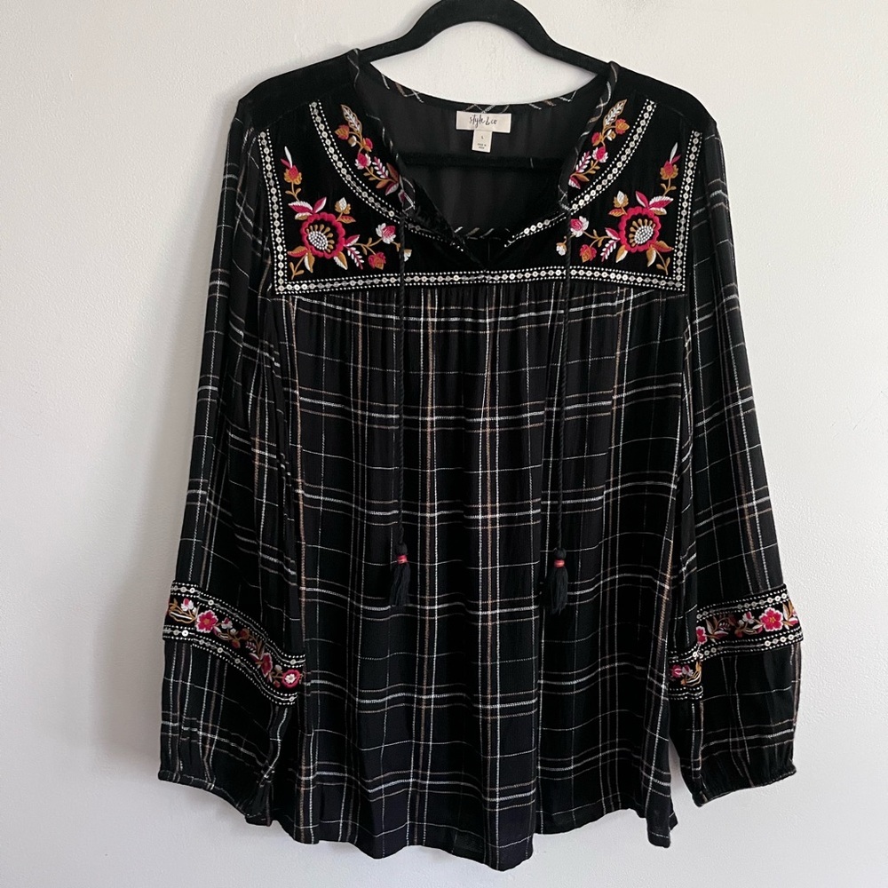Style & Co. Black Plaid Embroidered Peasant Blouse with Pink Floral Accents